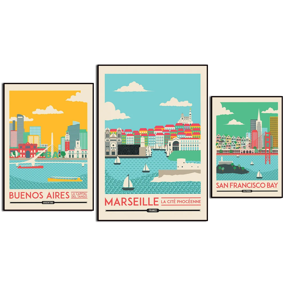 Brighton Portland Seoul San Francisco Marseille Auckland Barcelona. City Travel Scenery. Home Wall Decor Art Canvas Painting