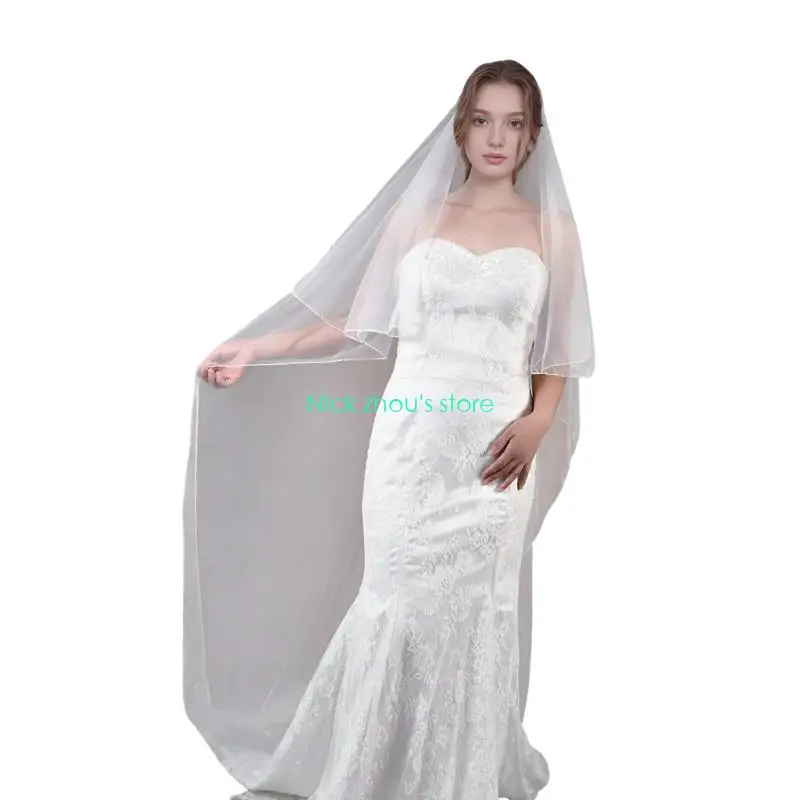 E15E غطاء رأس زفاف من التول خفيف الوزن مع مشط شعر آمن وقابل للتنفس، إكسسوار زفاف طويل باللون الأبيض #2