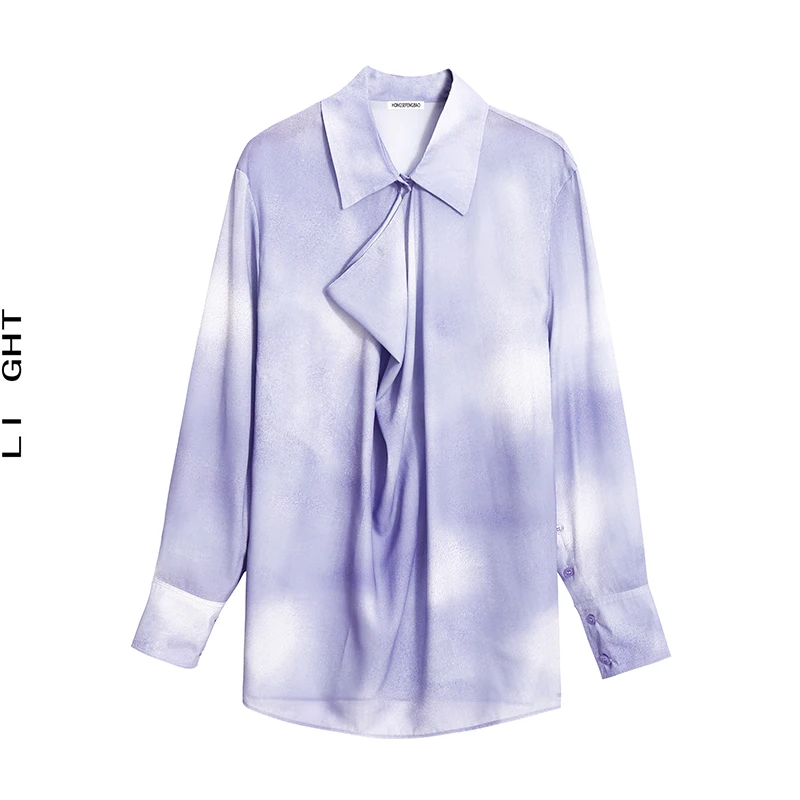 

Универсальная блузка с драпированным воротником, асимметричным подолом и длинными рукавами, с эффектом кислотной печати, с пуговицами на воротнике, для офиса, осенняя коллекция.