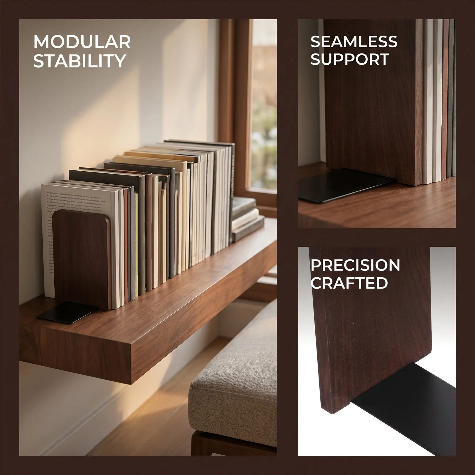 2Pcs Wooden Minimalist Desktop Bookends Walnut Wood Heavy Duty Vertical Farmhouse Organizer 5.1x4.5x3.1 Inches Office File