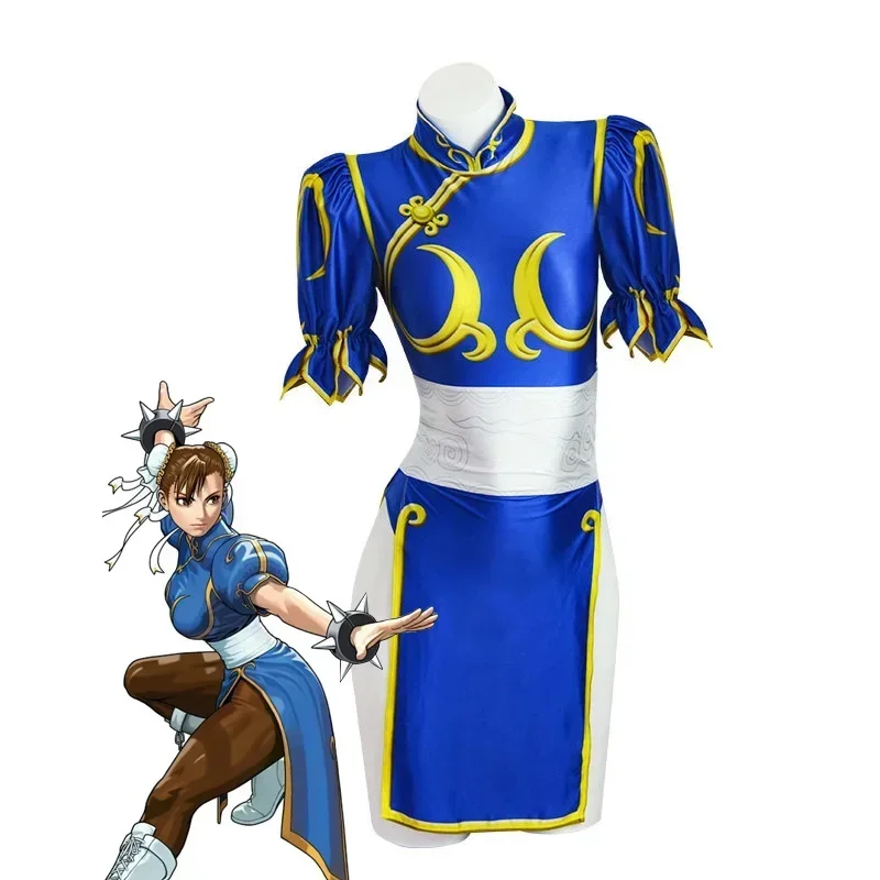 Costume de cosplay Chun Li Street Fighter pour femme, Cheongsam bleu avec coiffe et ceinture, idéal pour Halloween