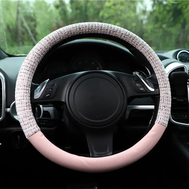 

Simple Fashion Summer Four Seaons Tweed Leather Creative Car Grip Cover Non-slip Sweat-absorbent Female Car Steering Wheel Cover