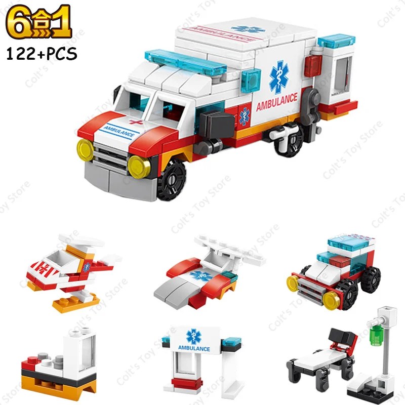 Juego de bloques de construcción de ambulancia médica 6 en 1 para niños, ladrillos de vehículos de rescate, coche médico, modelo clásico DIY, regalo