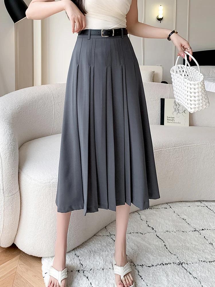 

Vintage High Waist Pleated Long Skirts For Woman Spring Office Wear Midi A-line Skirt Women Belt Grey Pink Black Saia Plissada