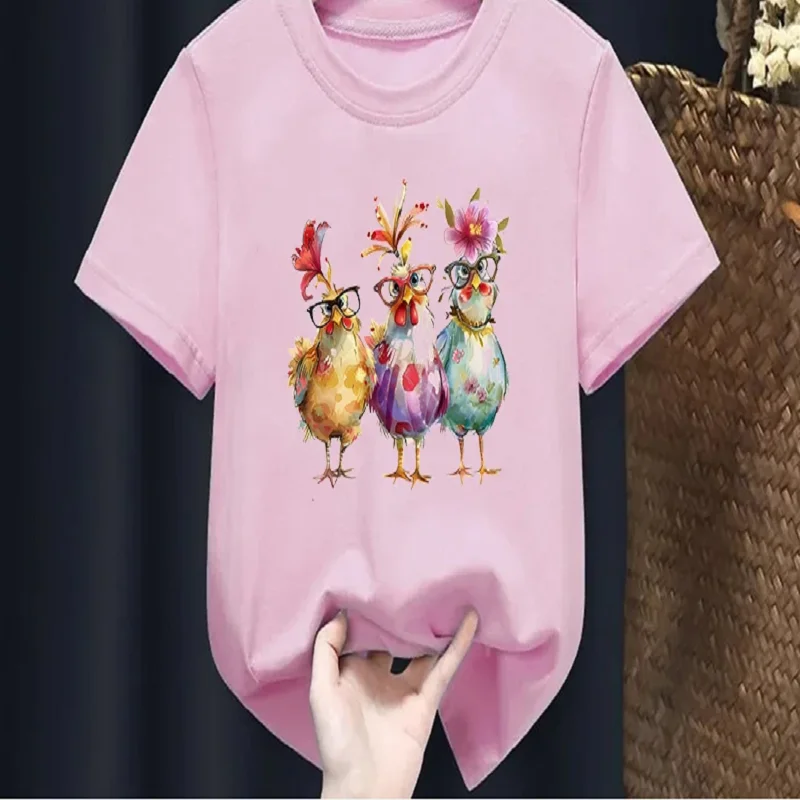 Boys Girls Cute Three Chickens With Glasses Flower Print T‑Shirt Short Sleeve O‑Neck Casual Loose Kids Daily Tees Tops