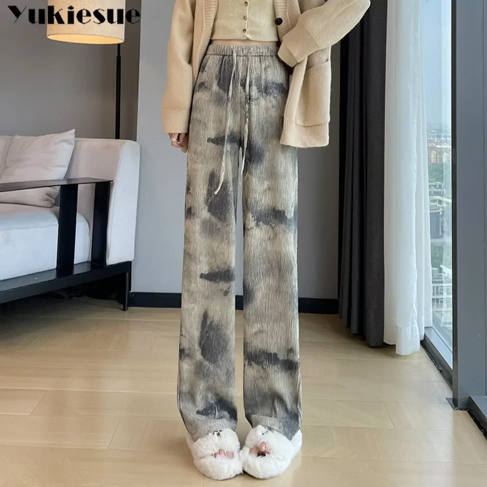 

Autumn Winter Wide Leg Pants for Women Straight Slim Fit with Drawstring American Style Ink Print Trousers