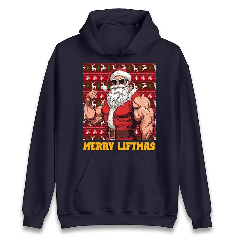 Merry Liftmas Divertente Babbo Natale Maglione Felpa con cappuccio da palestra natalizia Bodybuilder natalizio Allenamento modello creativo Pullover primaverile e autunnale