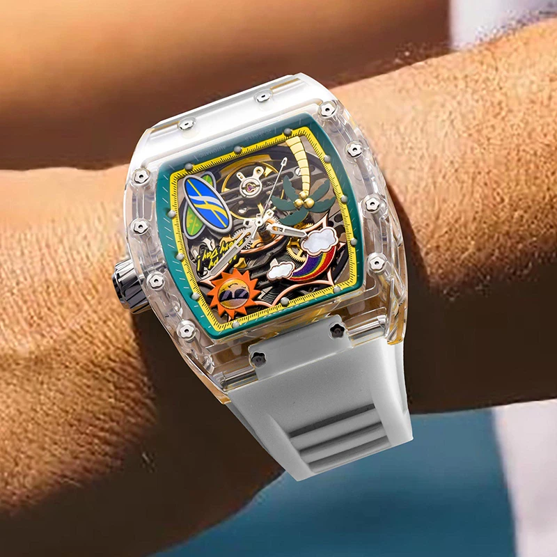 PINDU Modische Herren-Automatikuhr, Silikonarmband, Acryl, Tonneau-Form, mechanische Uhr, Skelett-Zifferblatt, 30 m wasserdicht, leuchtend