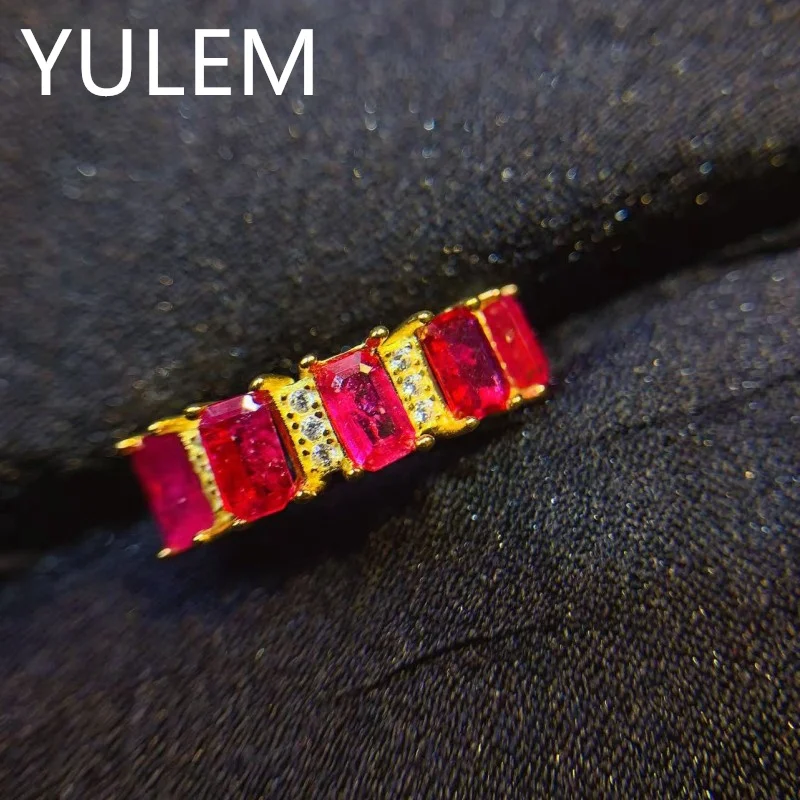 

Natural Ruby Rings for Women Silver 925 Jewelry Luxury Gem Stones 18k Gold Plated 3x5mm Rectangle Stone