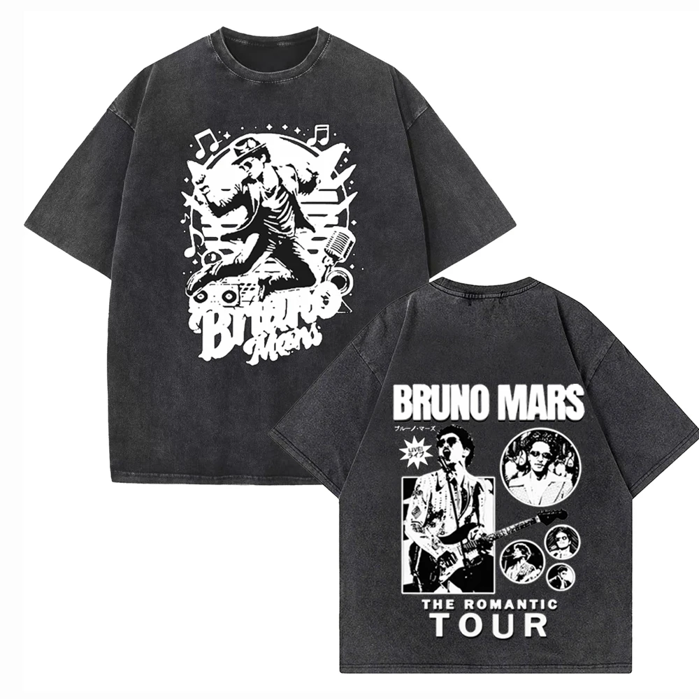 

Футболка из 100% хлопка в винтажном стиле с эффектом потертости, Bruno Mars The Romantic Tour 2026, модная мужская эстетичная свободная футболка оверсайз с кислотной стиркой