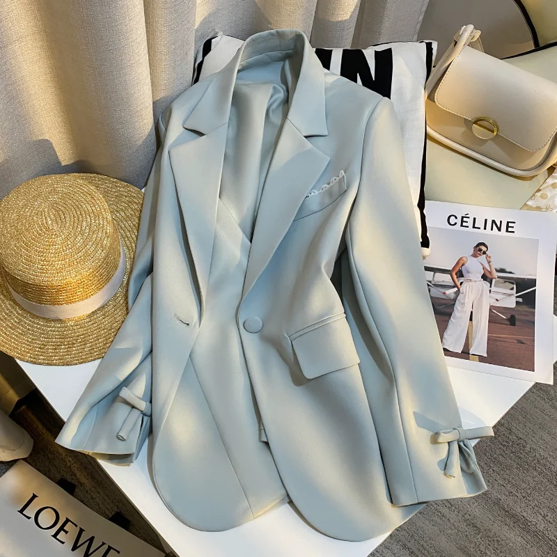 Women Light Blue Simple Sweet Cuff Bow Suit Jacket Fashion Elegant Simple French Office Lady Long Sleeve Suit Jacket