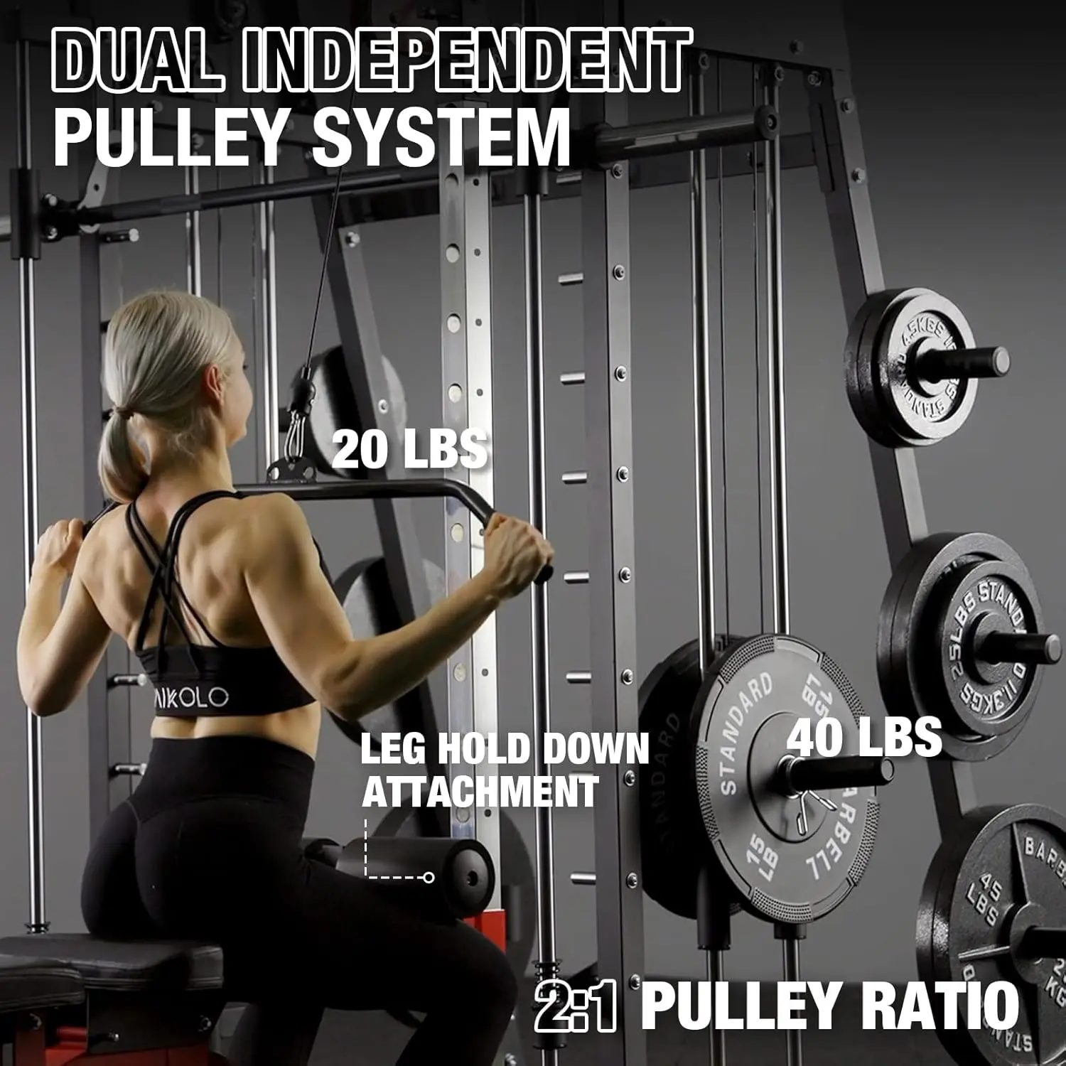 Mikolo Smith Machine 2200lbs Squat Rack met LAT Pull Down Kabel Crossover Trainingsapparatuur Been Hold Down Attachment