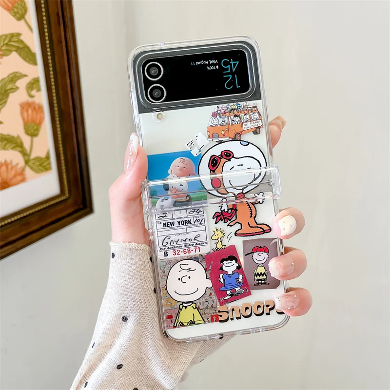 Funny Cute Snoopy Charlie Bus Phone Cover For Samsung Z Flip4 Flip3 Flip5 Flip6 Folding Cartoon Clear Y2K Bracelete Lanyard Case