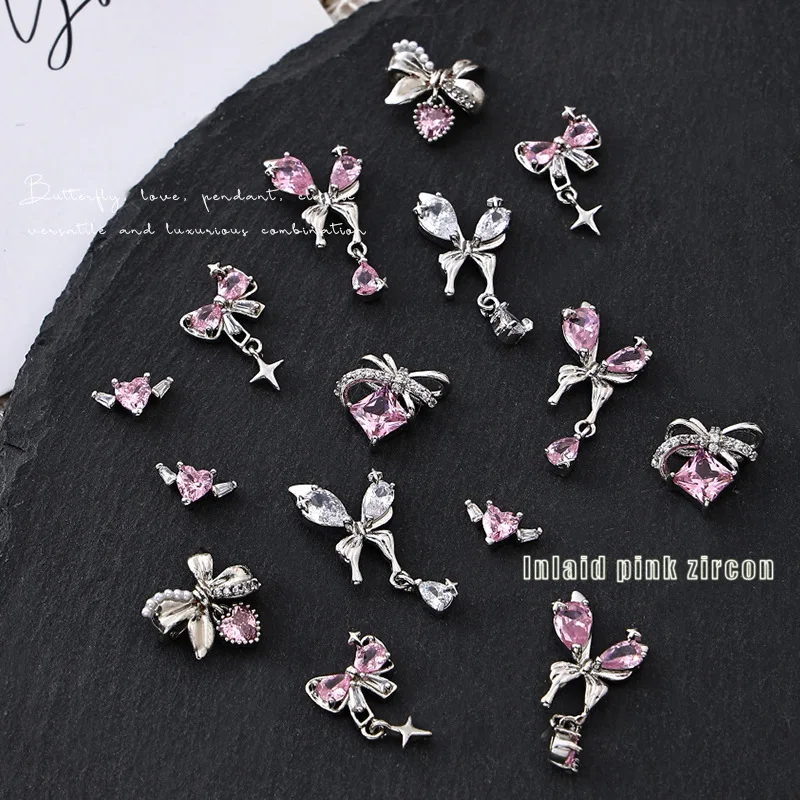 5pcs Nail Art Rhinestones Luxury Pink Zircon Bow Knot Pendant Jewelry Parts Accessories For Manicure Nails Decoration Supplies