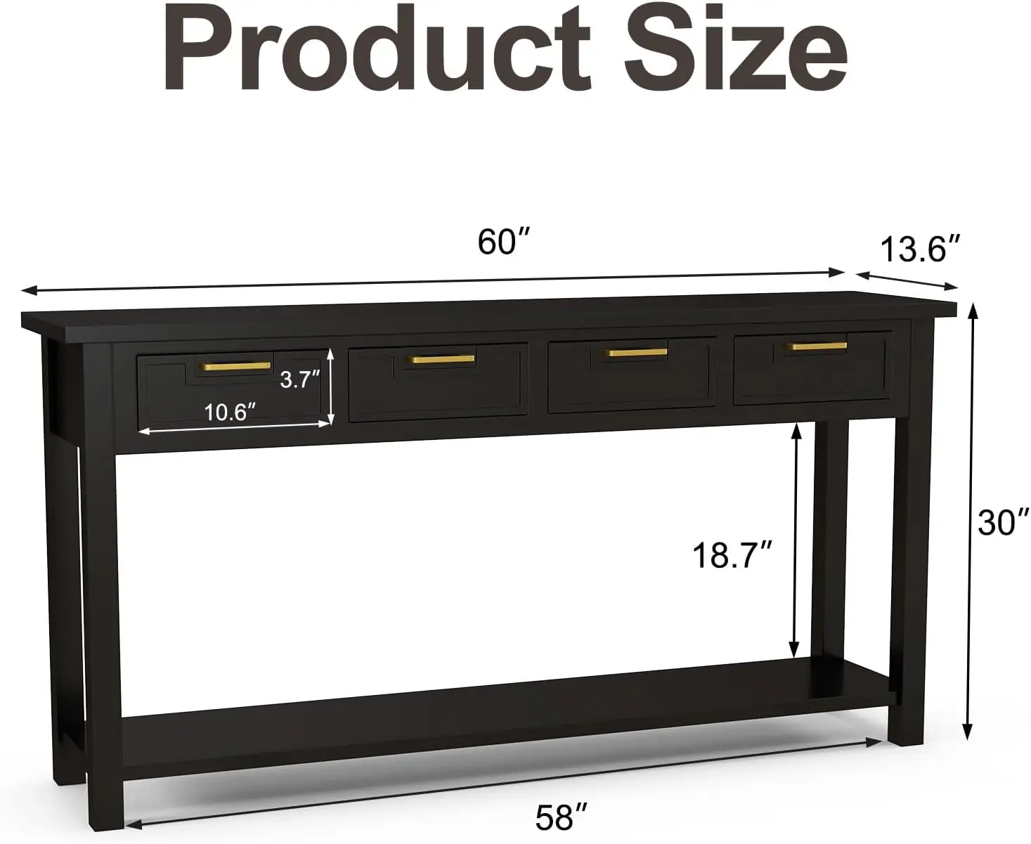 Black Entryway Table 60 Inch - Console Table With 4 Drawers And Open Storage Shelf, Narrow Long Sofa Table For Living Room