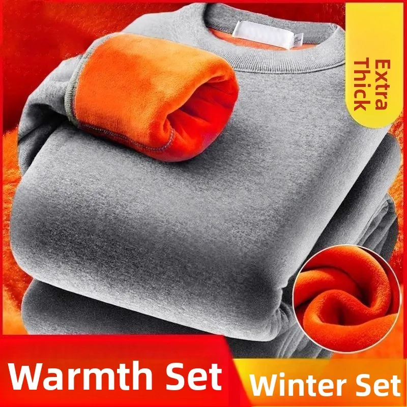 Men's Thermal Underwear Set Fleece Lined Thickened Cold Proof Autumn Clothes Winter Base Layer Long Sleeve round Neck Pants