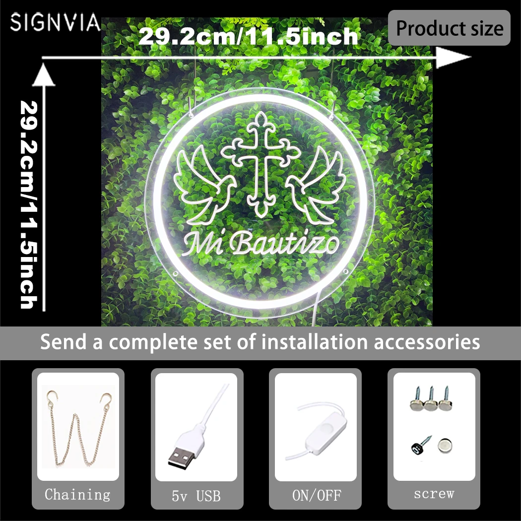 Mi Bautizo LED Neon Sign White Circular USB Wall-Mount Hanging Decor Wall LED Neon Lighting Sign for Parties Home With Lampstand