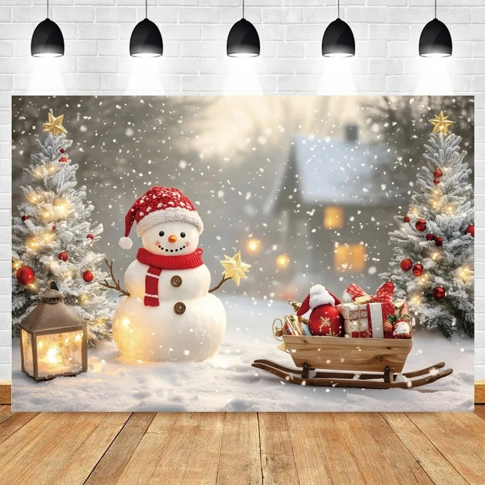

2025 Winter Snow Scene Christmas Snowman Sled Background, Music Country Christmas Family Children Portrait Photography Backdrop