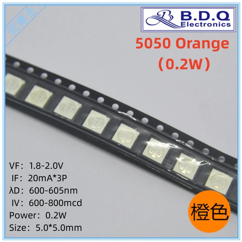 

100Pcs SMD LED 5050 Orange LED Lamp Beads Size 5050 Light-emitting Diode High Bright Quality