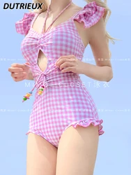 Girl Pink Plaid Swimwear 2024 New Japanese Style Sweet Cute Simple One-Piece Suits for Lady Fashion Halter Swimsuit for Women