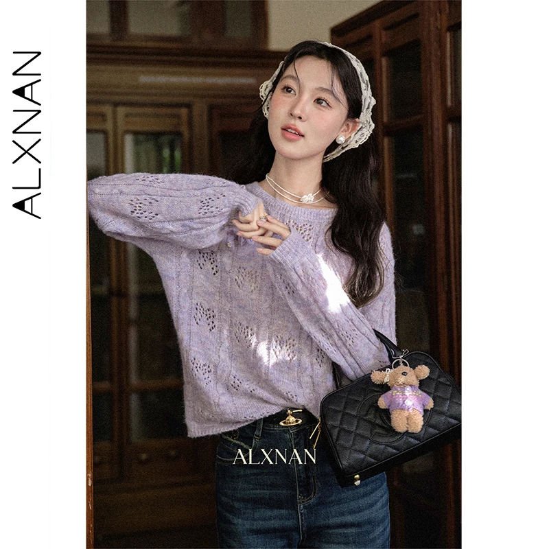 

ALXNAN Purple Pullovers Women Hollow 3d Flower Design Knitted Sweater 2025 Autumn New Loose-fit Long Sleeve Knitted Tops L569161