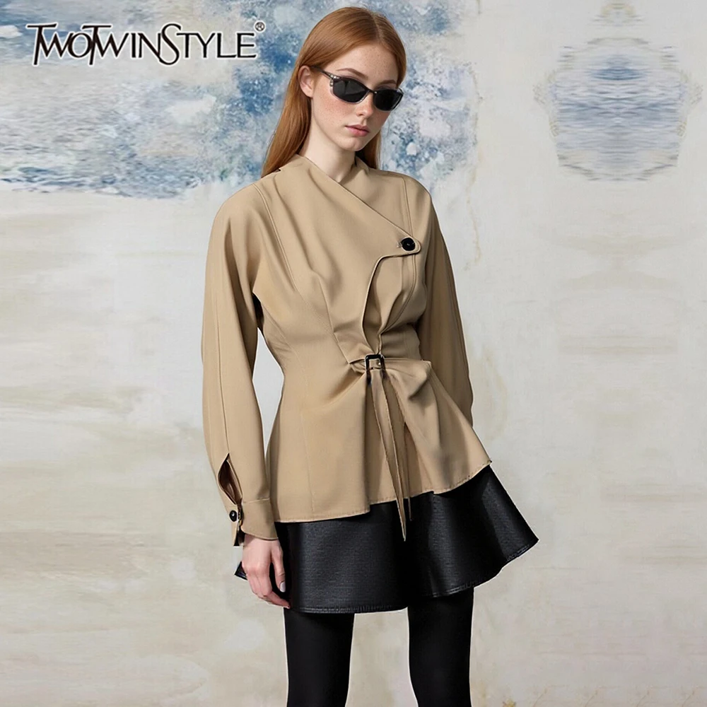 

TWOTWINSTYLE Slimming Spliced Ruffles Irregular Jackets for Women V Neck Long Sleeves Patchwork Buttons Fashion Jacket Female