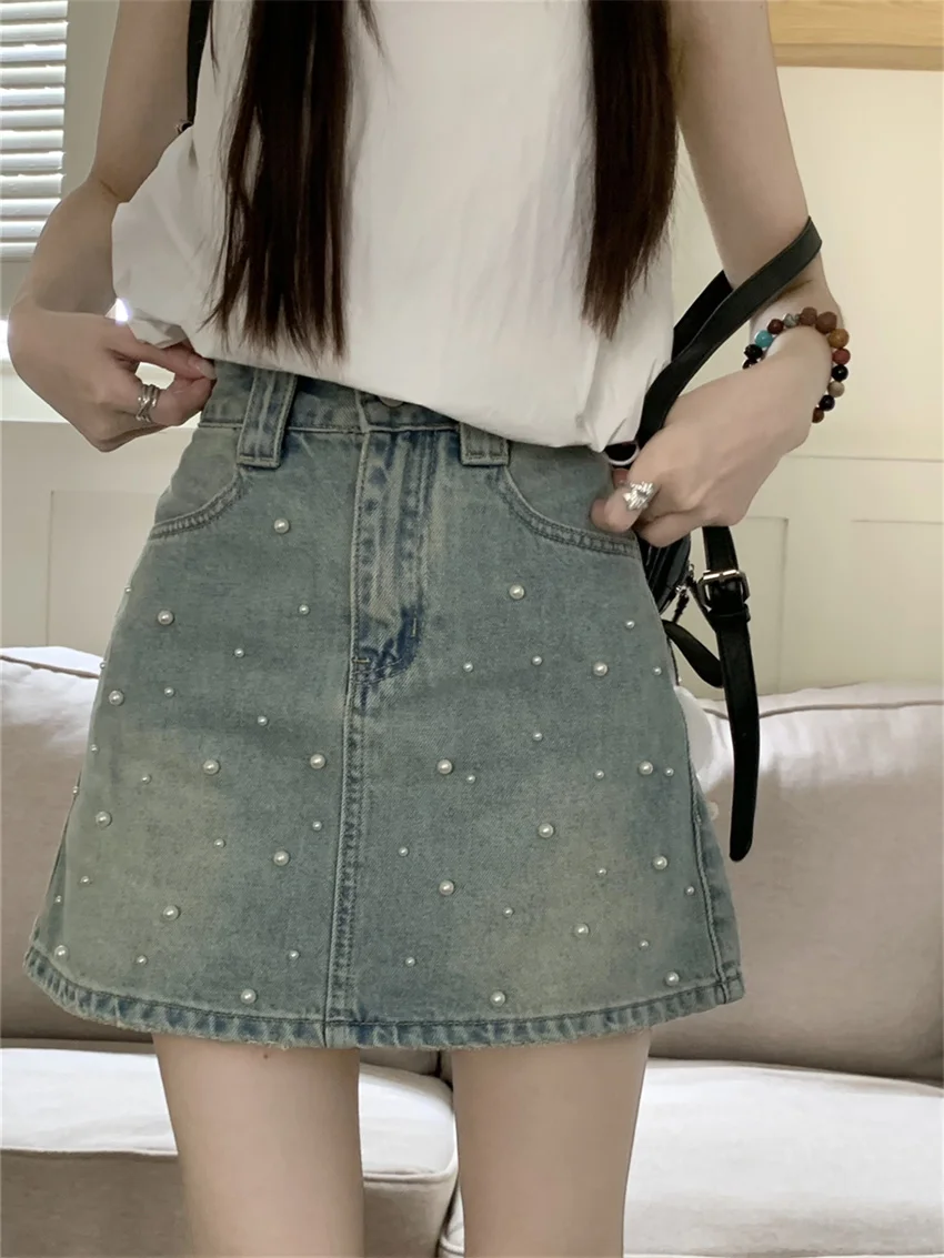 

PLAMTEE Pearl Women Mini Skirts High Waist New Office Lady 2023 Sexy Night Club Daily Chic Bodycon Streetwear Mujer Denim