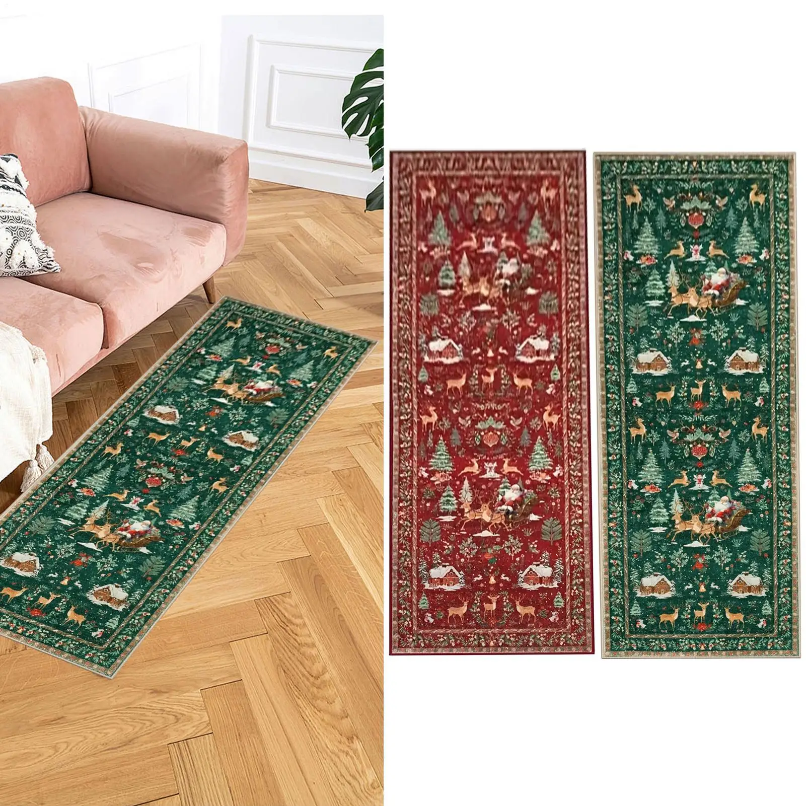 Christmas Rug Non-Slip Washable Winter Holiday Floor Mat Soft Christmas Tree Santa Claus Carpet For Indoor Bedroom Dining Room