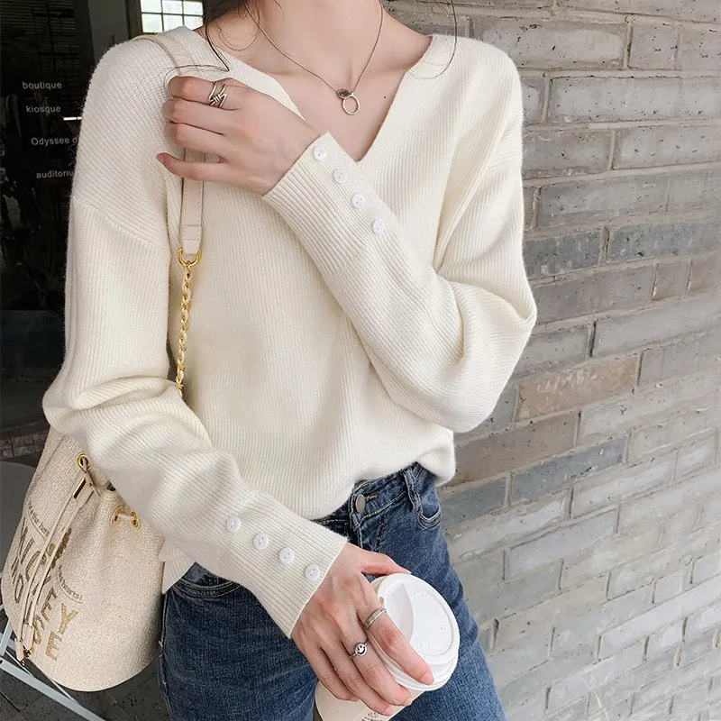 

Crriflz Women Autumn V-Neck Knitted Sweater Long Sleeve Button Loose Bottoming Shirt Female Solid Color Knit Pullover Top