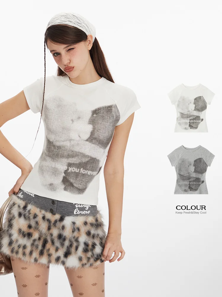 

American style right shoulder printed slim short sleeve t-shirt for women new round neck blouse