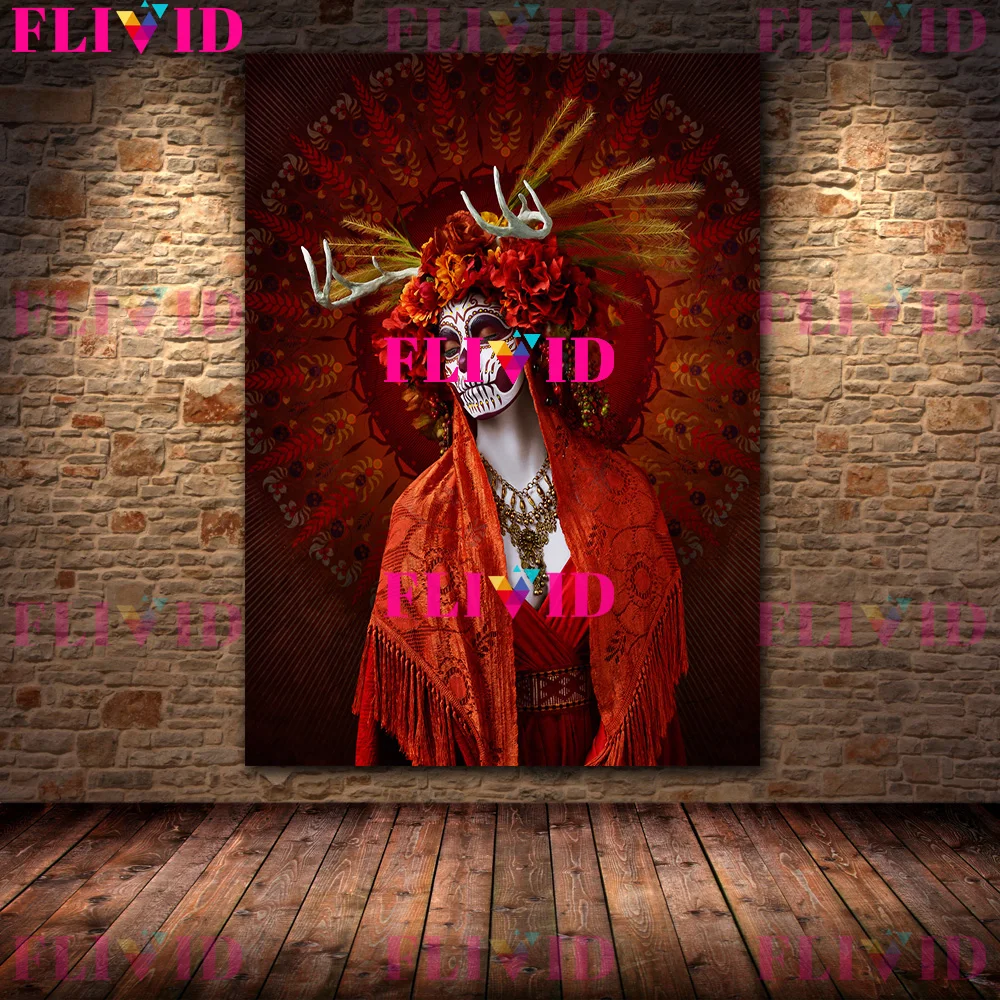 Girl In Day Of The Dead Costume,Abstract Wall Art Canvas Painting,Traditional Festival Makeup Gothic Art Poster Print Home Decor