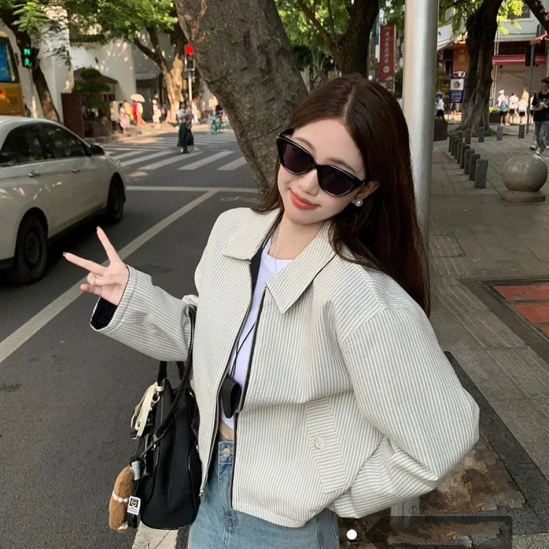 New Double-Breasted Striped Jacket - Reversible Design, Long Sleeves, Loose Fit, Short Length - Outerwear