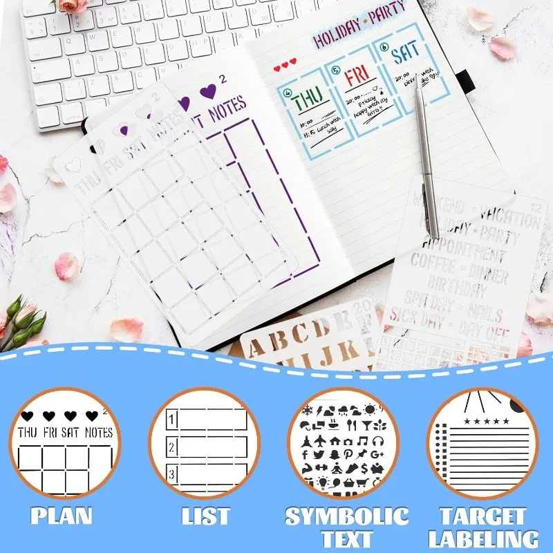 30Pcs Reusable Journal Stencils for DIY Scrapbooking