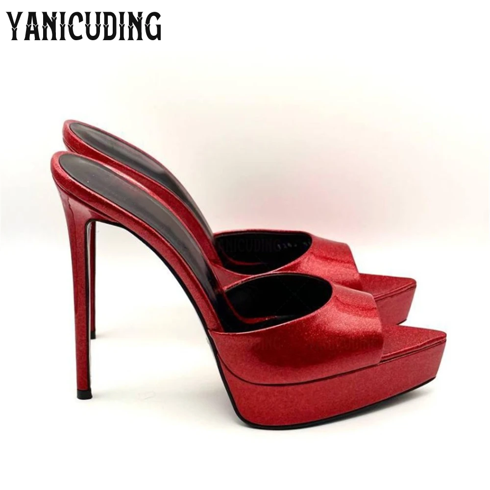 Sexy Pointed Peep Toe Platform Mules Multicolor Leather Slip-On Stiletto Slippers Elegant Designer Style Handmade Summer Heels