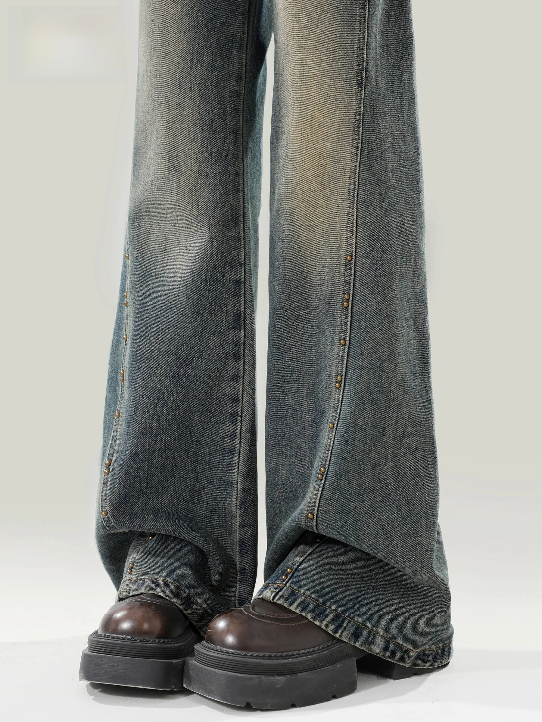 

American Retro High Waist Wide Leg Jeans Women's Loose Drapey Weathered Design Sense Bell Bottoms Deep Blue Denim Pants
