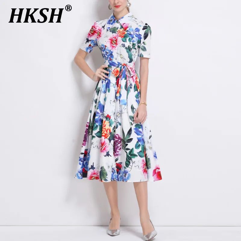 

HKSH Summer New Women Tide High Street Turn-down Collar Single Breasted Waist Cinching Printed Pleated Short Sleeve Dress HK6347