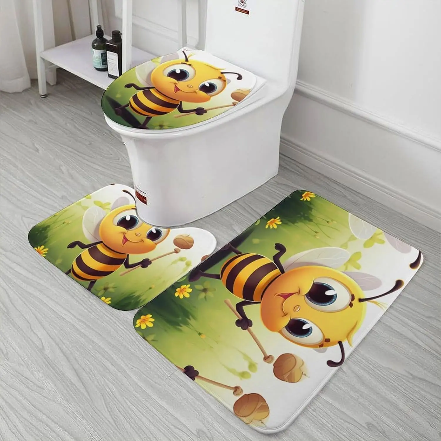 3 Piece Bath Rug Set Non Slip Absorbent Bath Mat Contour Mat with Toilet Lid Cover Bee Soft Floor Mats for Bathroom