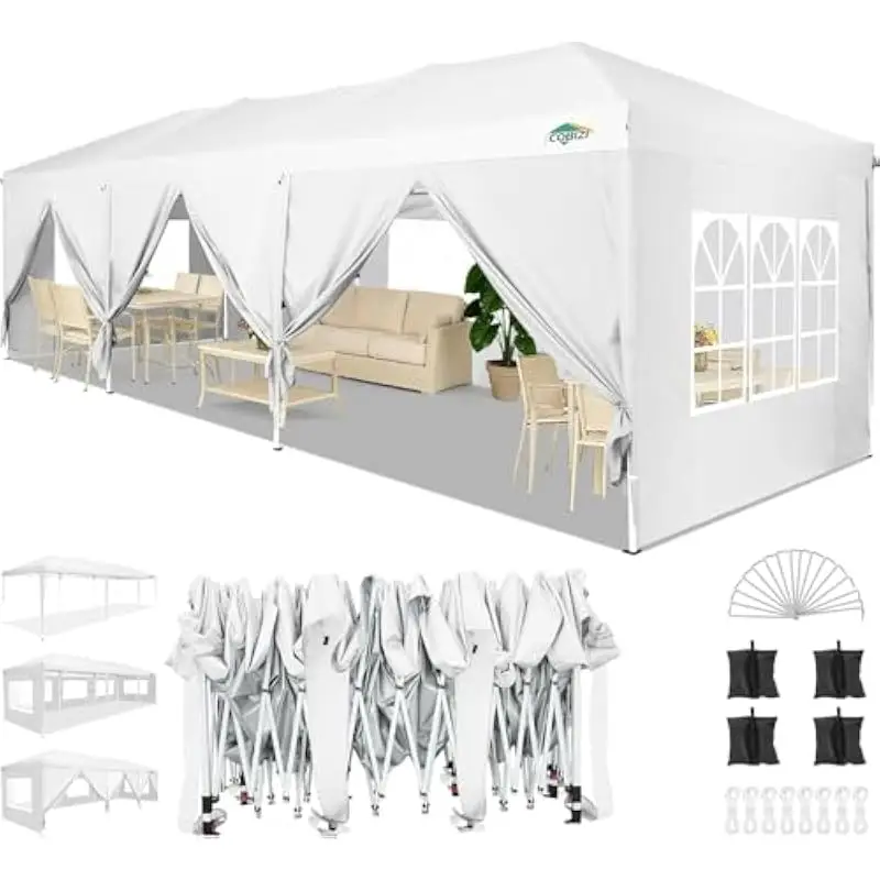 10x30 FT Waterproof Pop-Up Canopy Tent with 8 Adjustable Sidewalls – Zippered & Window Panels – Steel Frame with 3-Stage Height