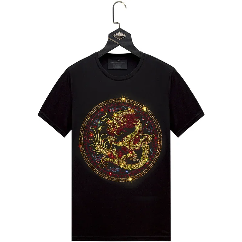 Chinese Dragon Rhinestones Cartoon T Shirts Men Short Sleeve Fashion Streetwear O Neck Slim Modal Cotton Tshirts Camiseta Hombre