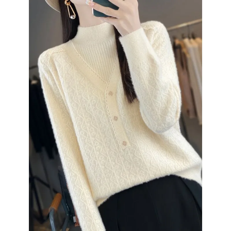 

Autumn and Winter Women's Sweater Half Turtleneck Bottom Shirt New Thickened Fake Two-piece Knitted Top