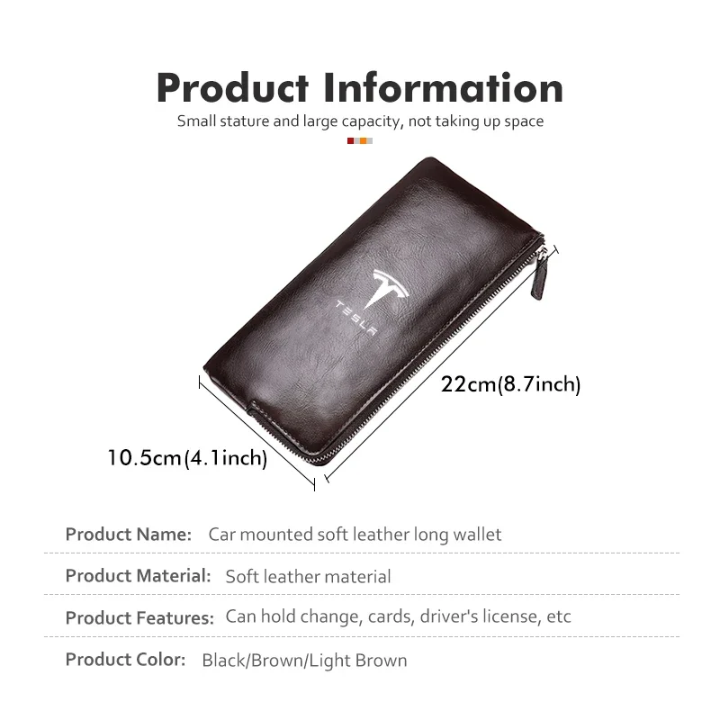 Car Internal Newe Soft Leather Long Wallet Large Wallet  For Tesla Model 3 S X Y