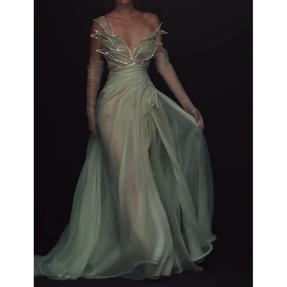

Gorgeous V Neck Flower Crystal Applique Sparkle Prom Gown Floor Length Tulle Women Dinner Party Dress