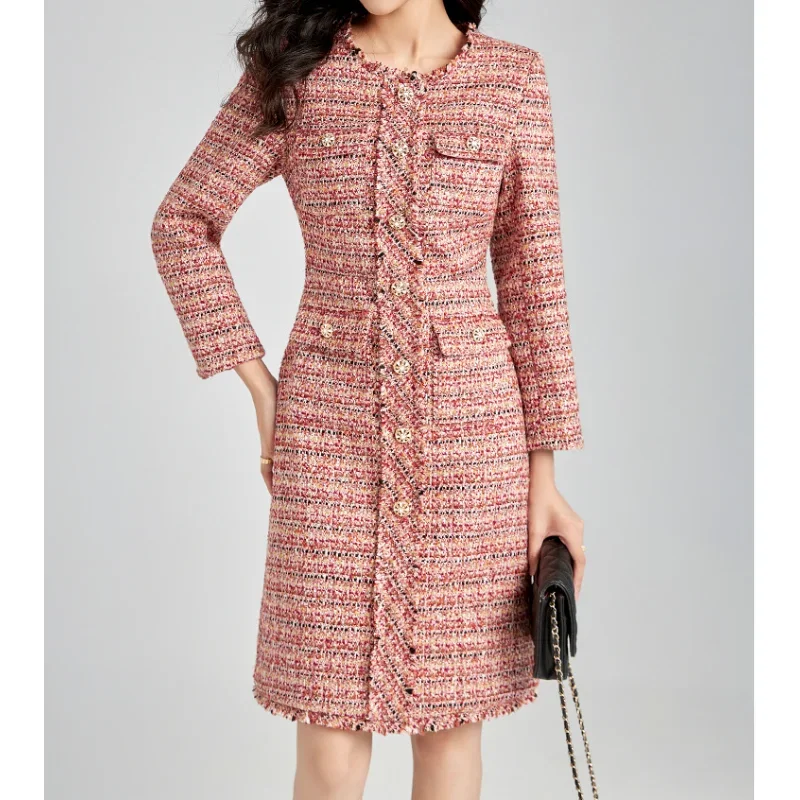 

Pink Tassel Round Neck Small Fragrance Elegant Dress Women's High Quality Slim Waist French Office Female Tweed Dress Feminino