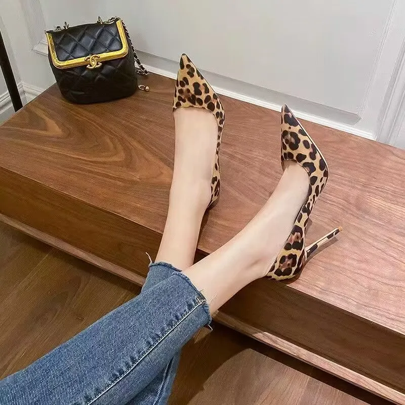 2023 Spring New Suede Shoes 10cm Formal High Heels Women\'s Thin Heels Sexy White Leopard Print Pointed Toe Single Shoes