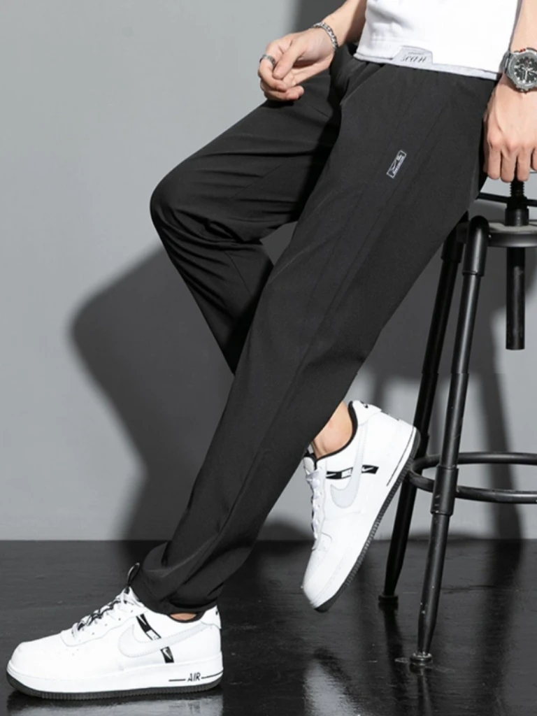 

2025 Summer New Black Gray Thin Business Casual Pants Outdoor Elastic Breathable Straight Leg Sweatpants Ice Silk Men's Pants5XL