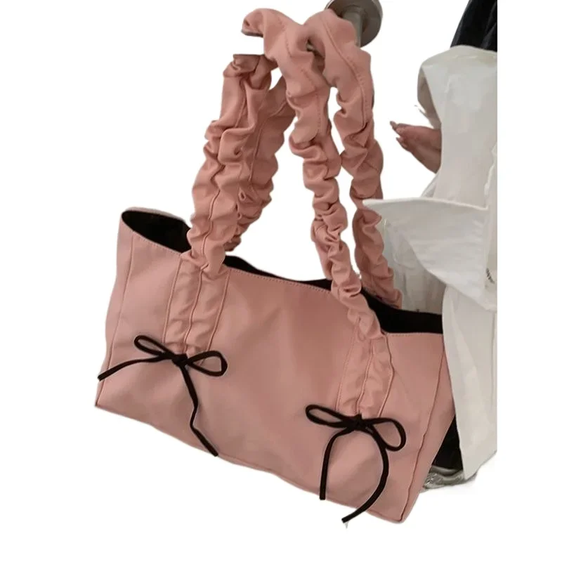 

Ladies Pink Bow Underarm Bag Student Vintage Casual Large Capacity Tote Shoulder Bags Niche Handbags Commuter Package New Women