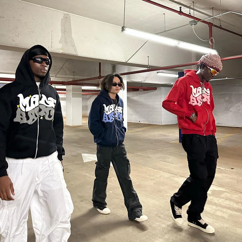 High Street Kapuzenpullover mit Reißverschluss für Herren und Damen, modischer Hip-Hop Y2K Cardigan, Herbst-Winter-Sweatshirt aus Samt und Fleece mit Buchstaben-Print, Herren – Detail 6