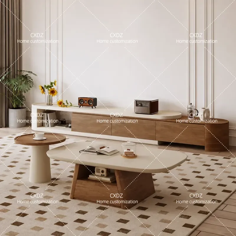 Medieval Walnut Oval Coffee Table Small Round Side Table TV Cabinet Combo for Living Room Small Apartment Home Furniture