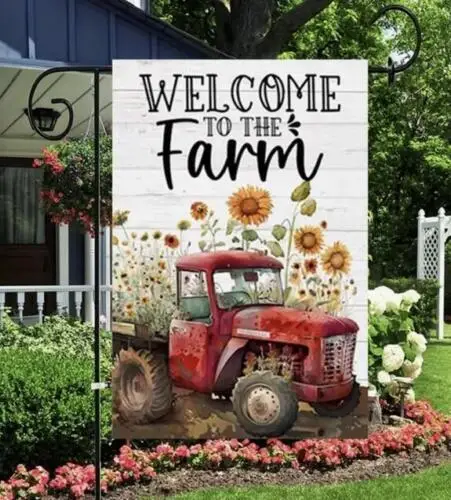 Welcome to the Farm - Red Tractor Double Sided Garden Flag  NEW KKL AAL HHM WZZ yyi