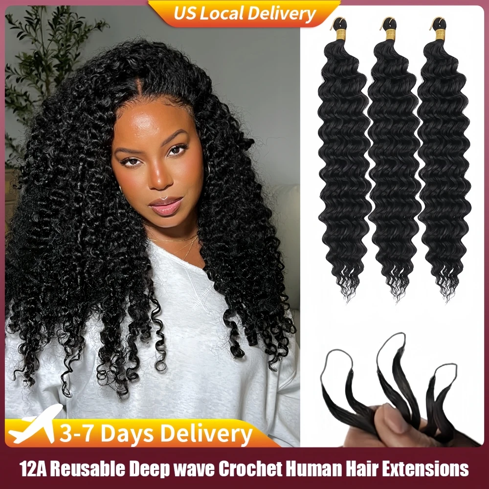 

Human Crochet Hair for Boho Braids 60g/Pack Deep Wave Bundles Crochet Human Hair Extensions Pre-looped Ocean Wave Crochet Hair